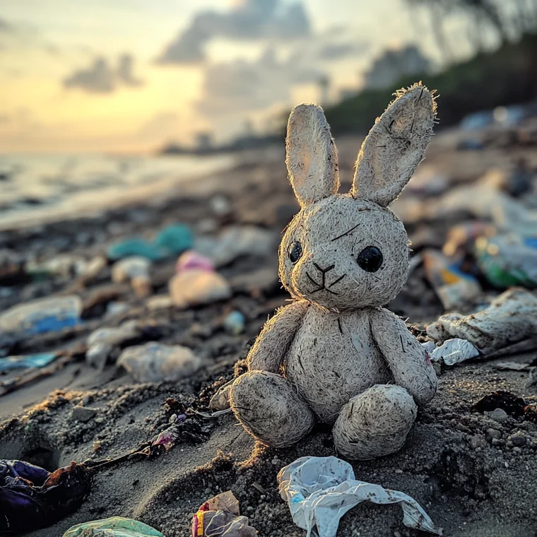 Peluche abandonnée sur une plage polluée