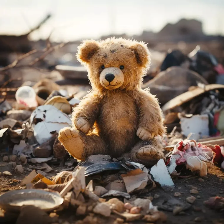 Peluche abandonnée au milieu de déchets